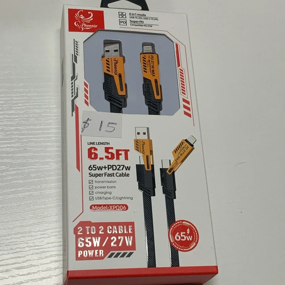 Phenix Black and Orange 6.5ft Fast Charging Cable
